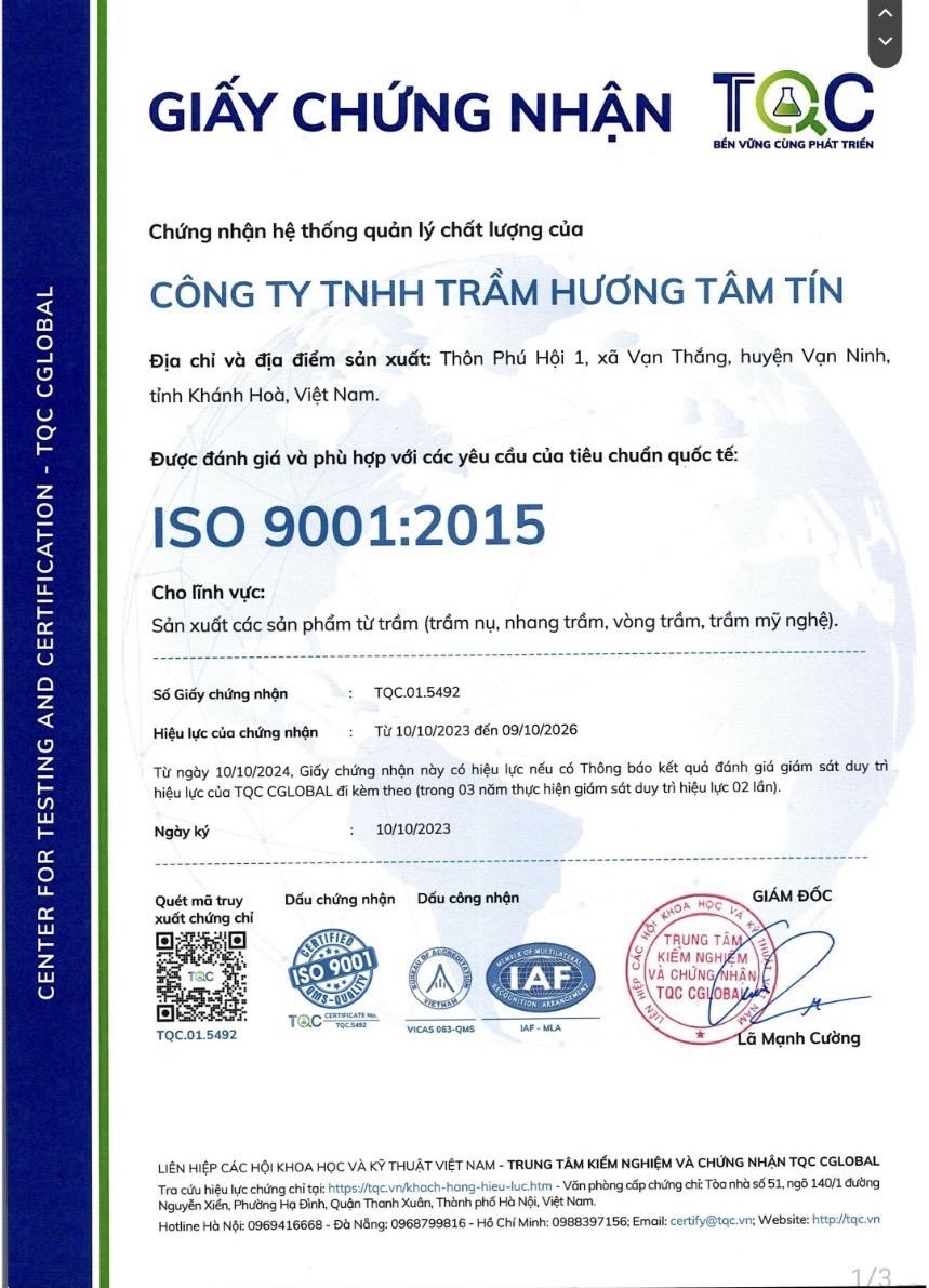 Giấy chứng nhận ISO 9001:2015 của Công ty TNHH Trầm Hương Tâm Tín