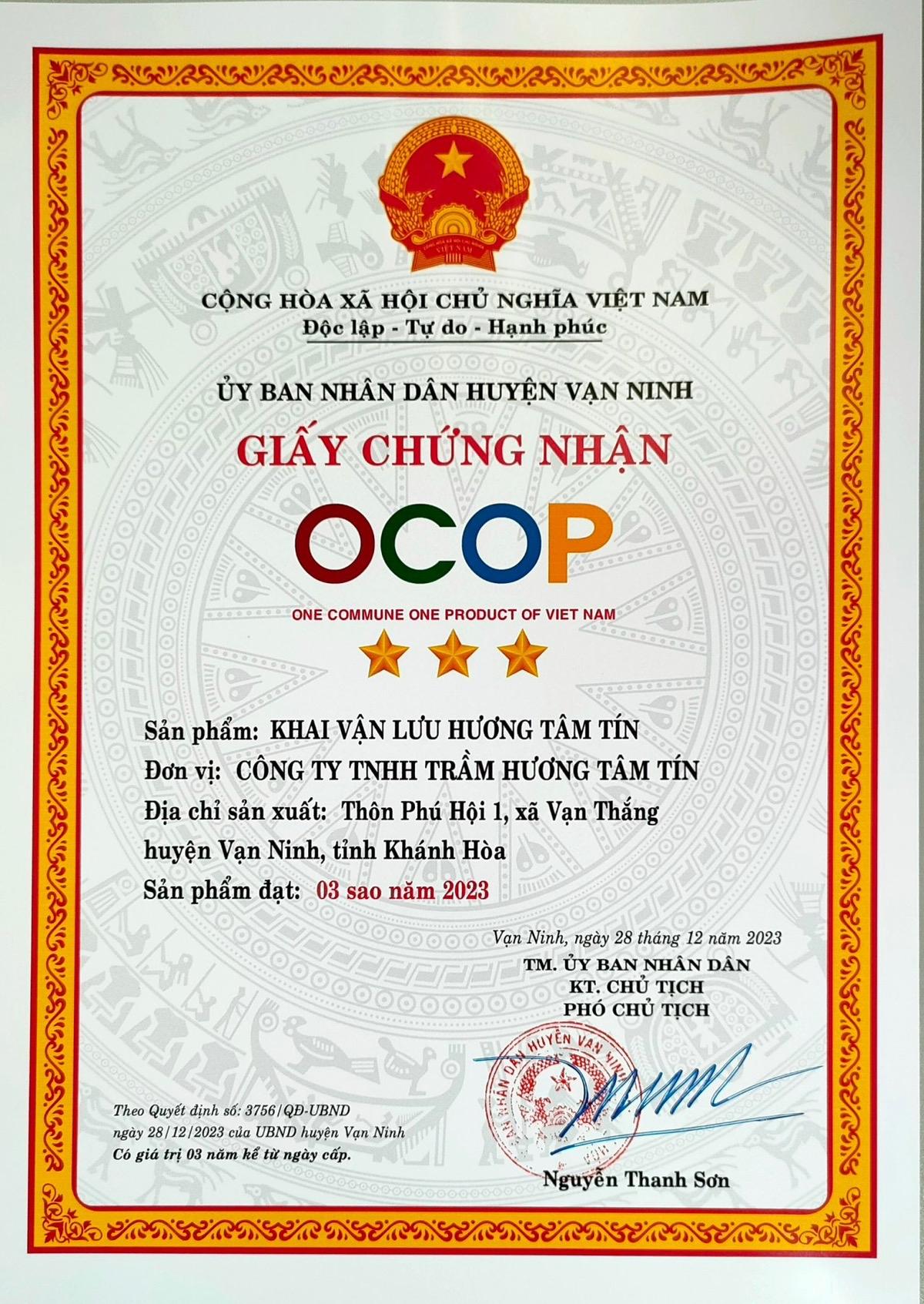 Giấy chứng nhận OCOP 3 sao cho sản phẩm Khai Vận Lưu Hương Tâm Tín