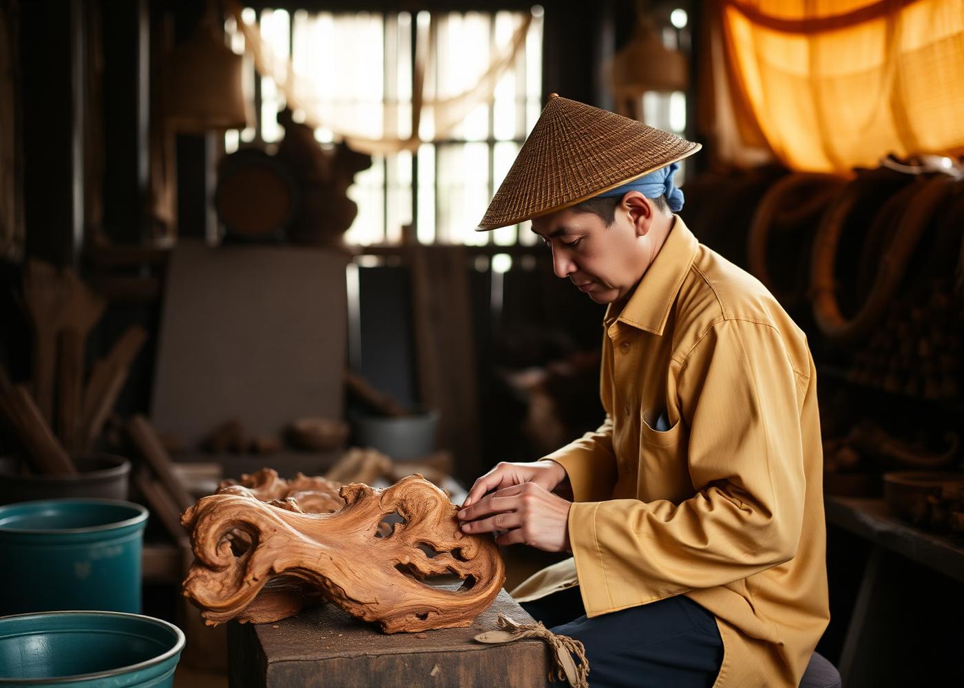 Người thợ tại làng nghề trầm hương Khánh Hòa